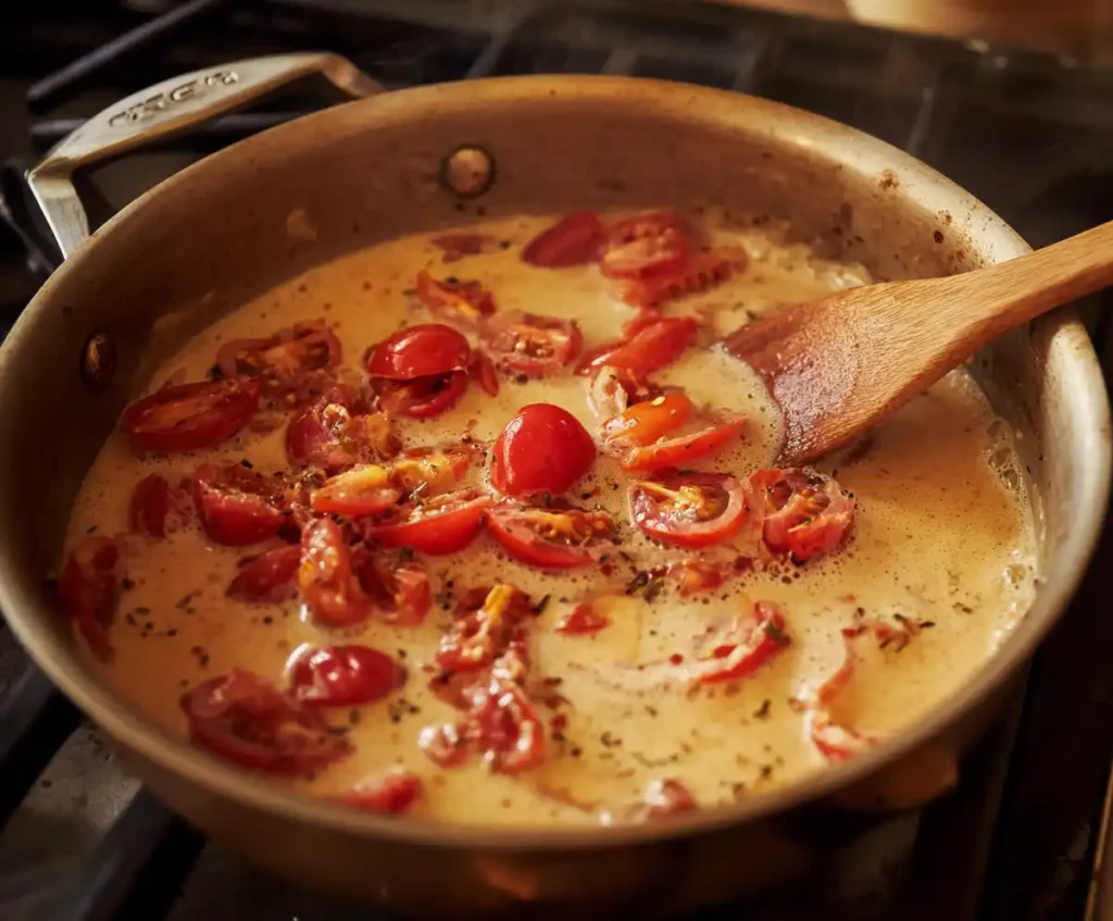 Creamy Cajun tomato sauce simmering in skillet