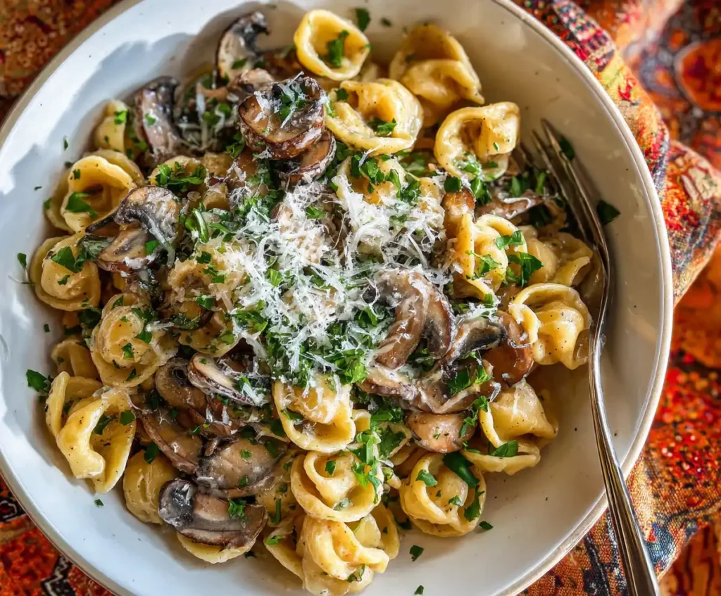 Creamy mushroom pasta served with parmesan and parsley