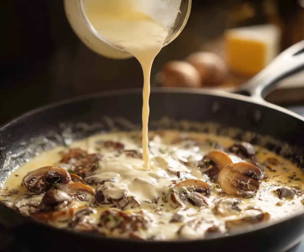 Creamy mushroom sauce simmering in pan with parmesan