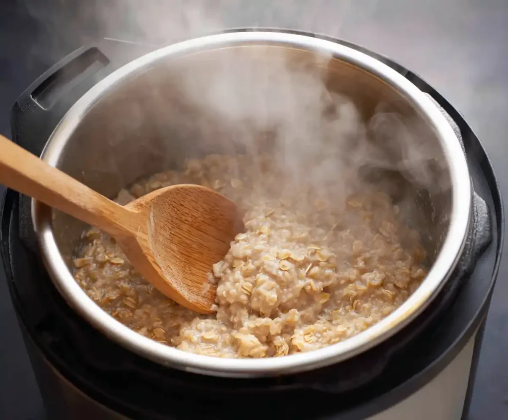 Creamy oatmeal stirred inside Instant Pot after cooking