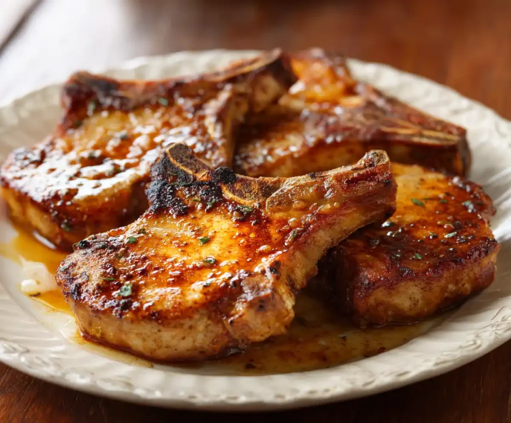 Crispy air fryer pork chops resting before slicing