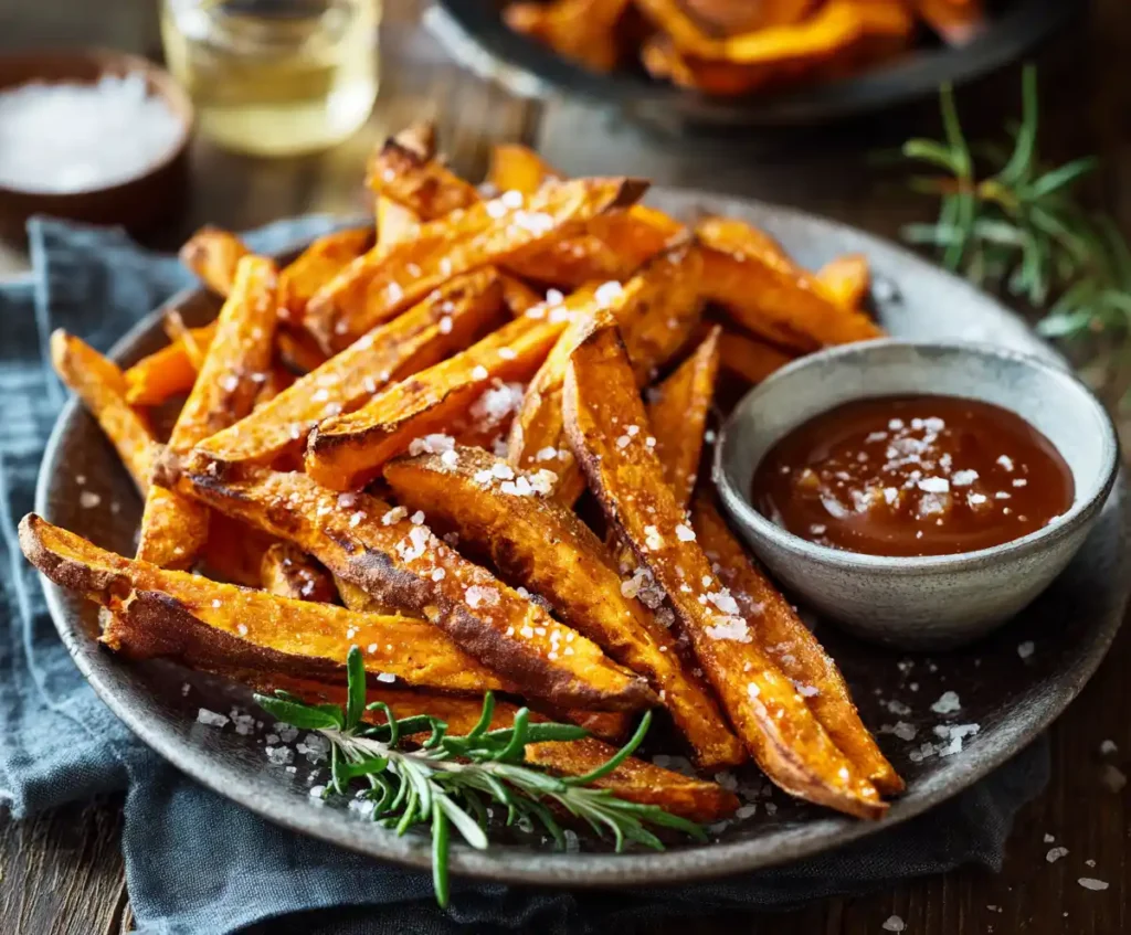 Crispy air fryer sweet potato fries served with ketchup dip