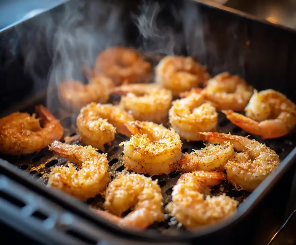 Crispy golden air fryer coconut shrimp fresh from basket