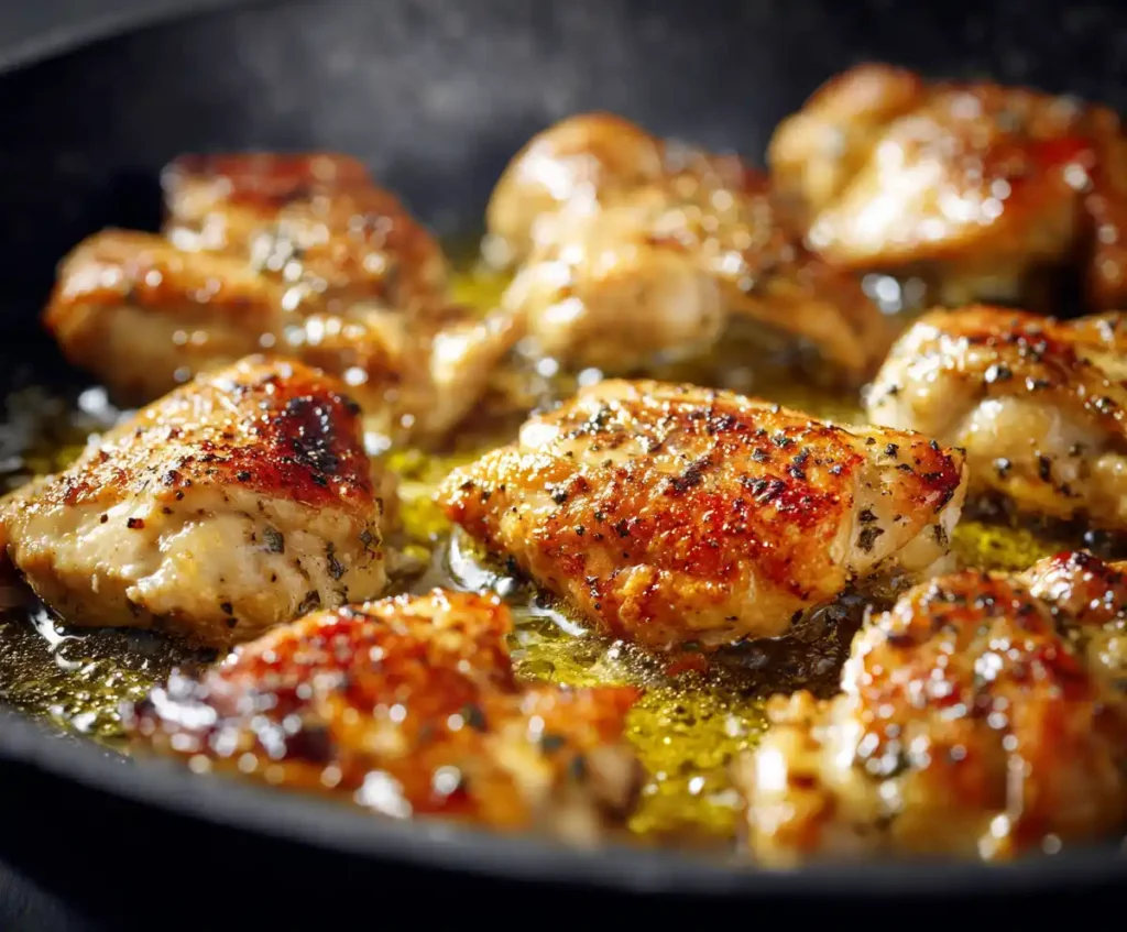 Cubed chicken cooking in skillet for pesto chicken pasta