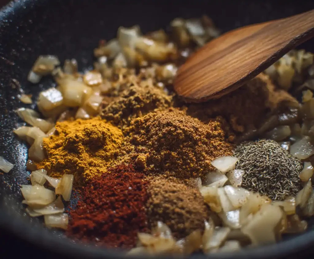 Curry spices added to sautéed onions in pressure cooker