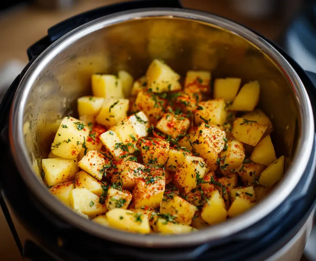 Diced potatoes and herbs added to Instant Pot for soup base