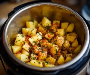 Diced potatoes and herbs added to Instant Pot for soup base