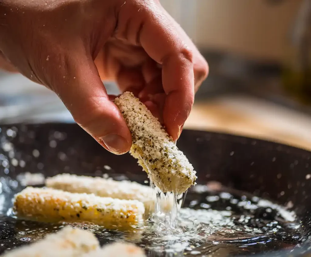 Dipping mozzarella stick in egg wash for breading