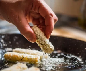 Dipping mozzarella stick in egg wash for breading