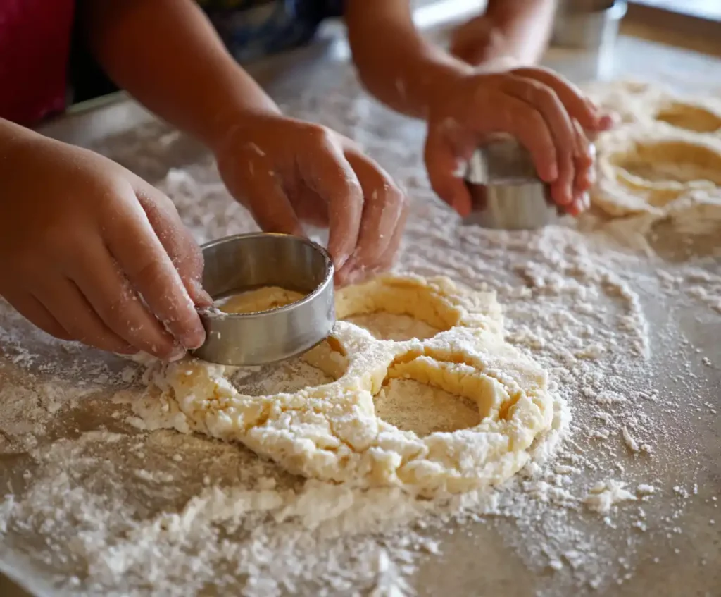 Donut dough being cut into round shapes on floured surface