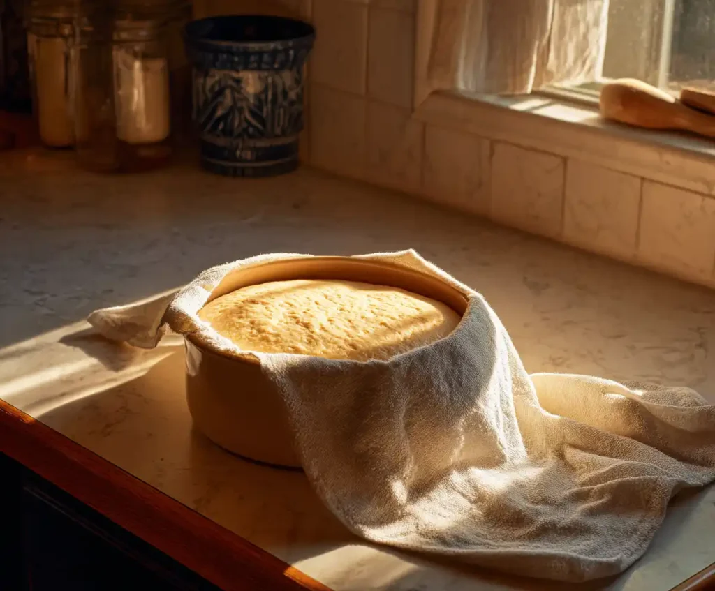 Donut dough doubled in size after rising, ready to shape