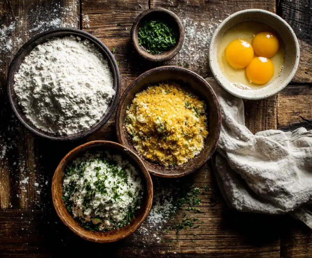 Dredging bowls with flour, egg, and breadcrumbs for mozzarella sticks