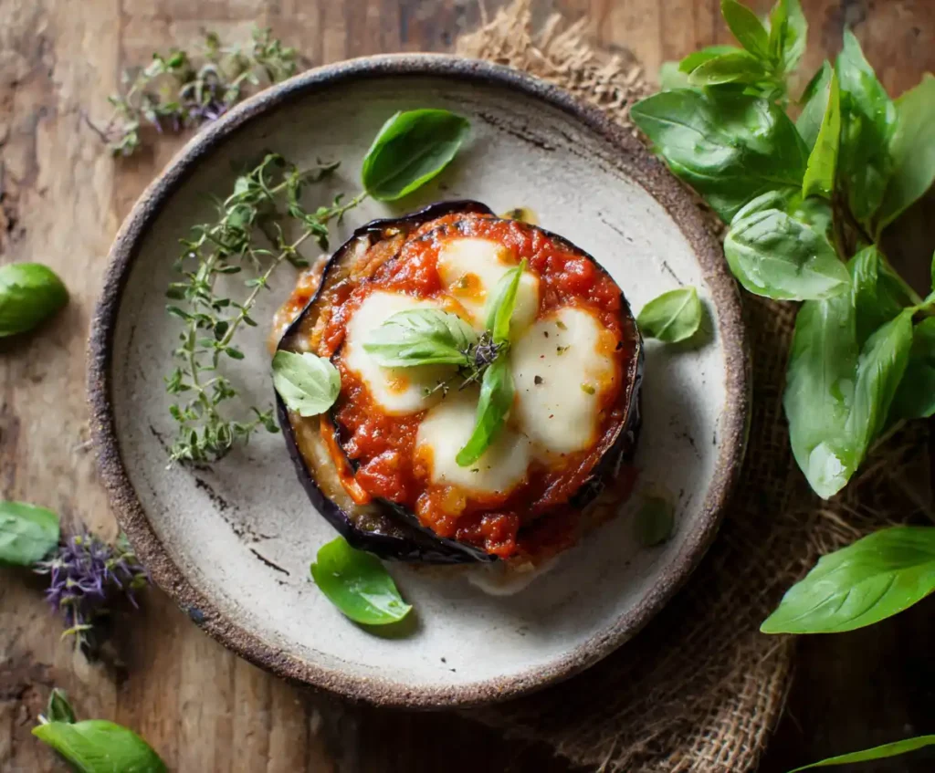 Eggplant layered with marinara and mozzarella for parmesan stack