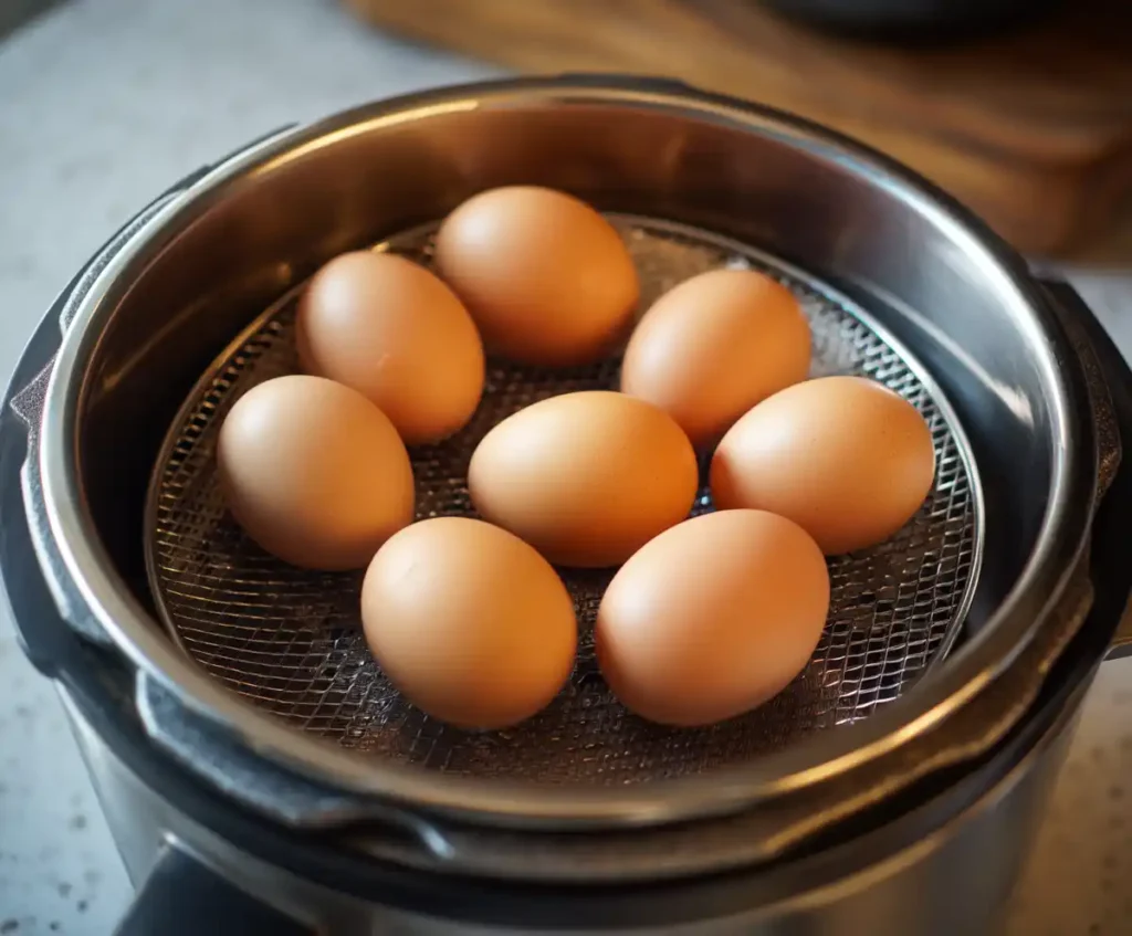 Eggs placed on trivet in Instant Pot ready to cook
