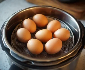Eggs placed on trivet in Instant Pot ready to cook