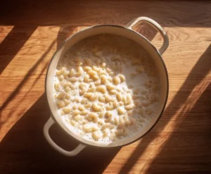 Elbow macaroni cooking in milk for one-pot mac and cheese
