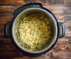 Fettuccine pasta and broth in Instant Pot before pressure cooking