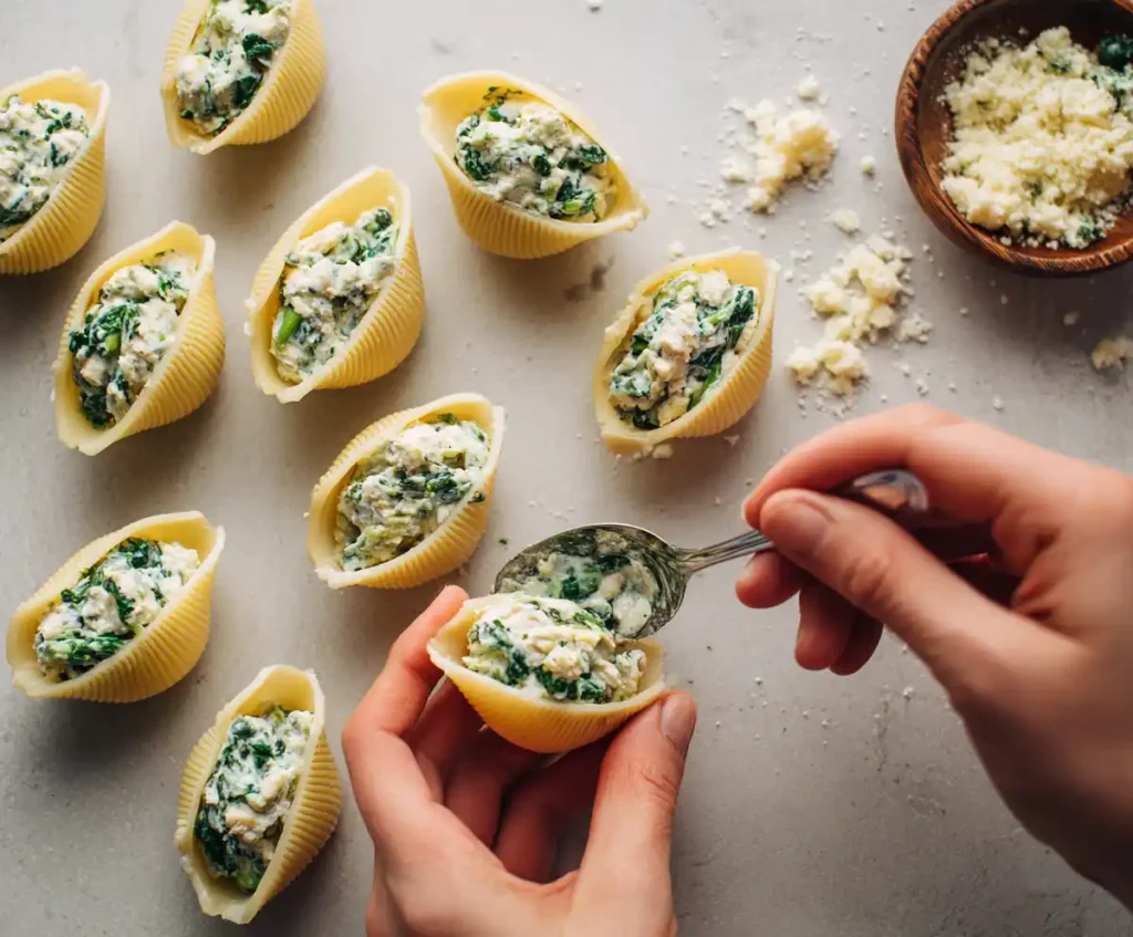 Filling pasta shells with spinach and ricotta mixture