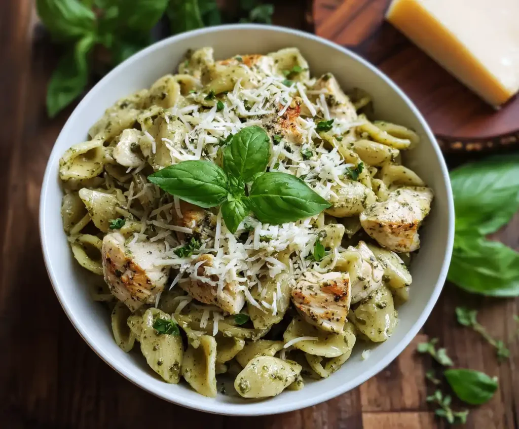Finished pesto chicken pasta with Parmesan and basil garnish