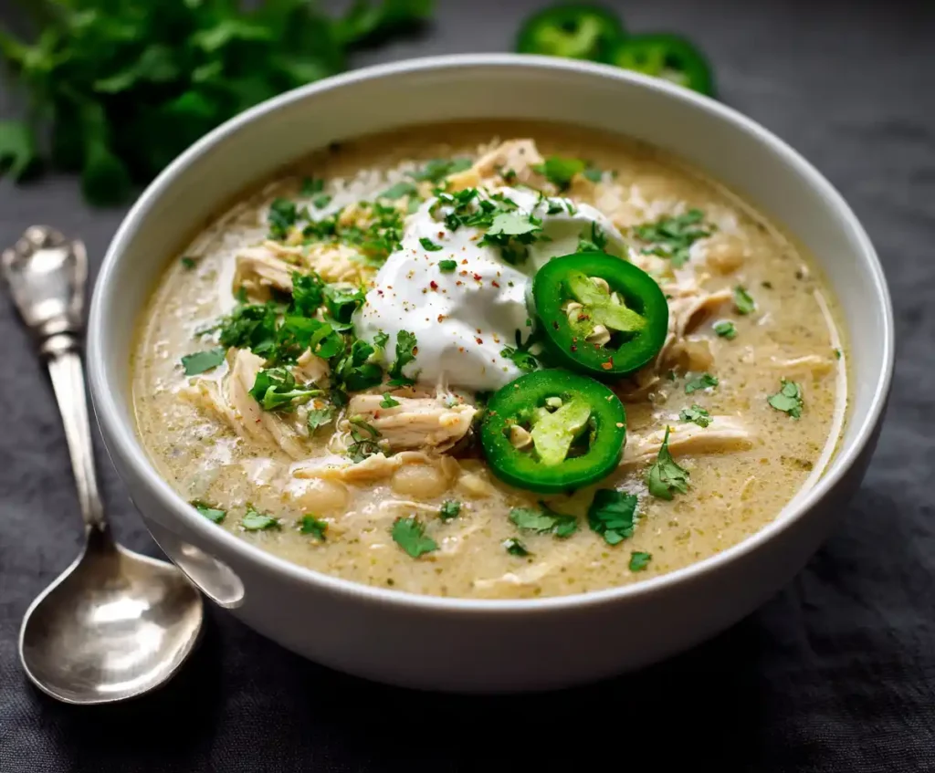 Finished slow cooker white chicken chili served with toppings in a bowl