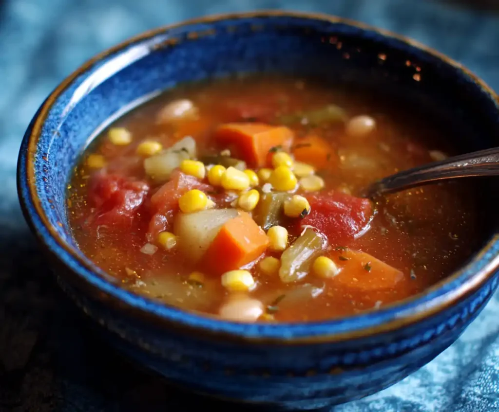 Finished vegetable soup with corn, carrots, beans, and tomatoes in a blue serving bowl