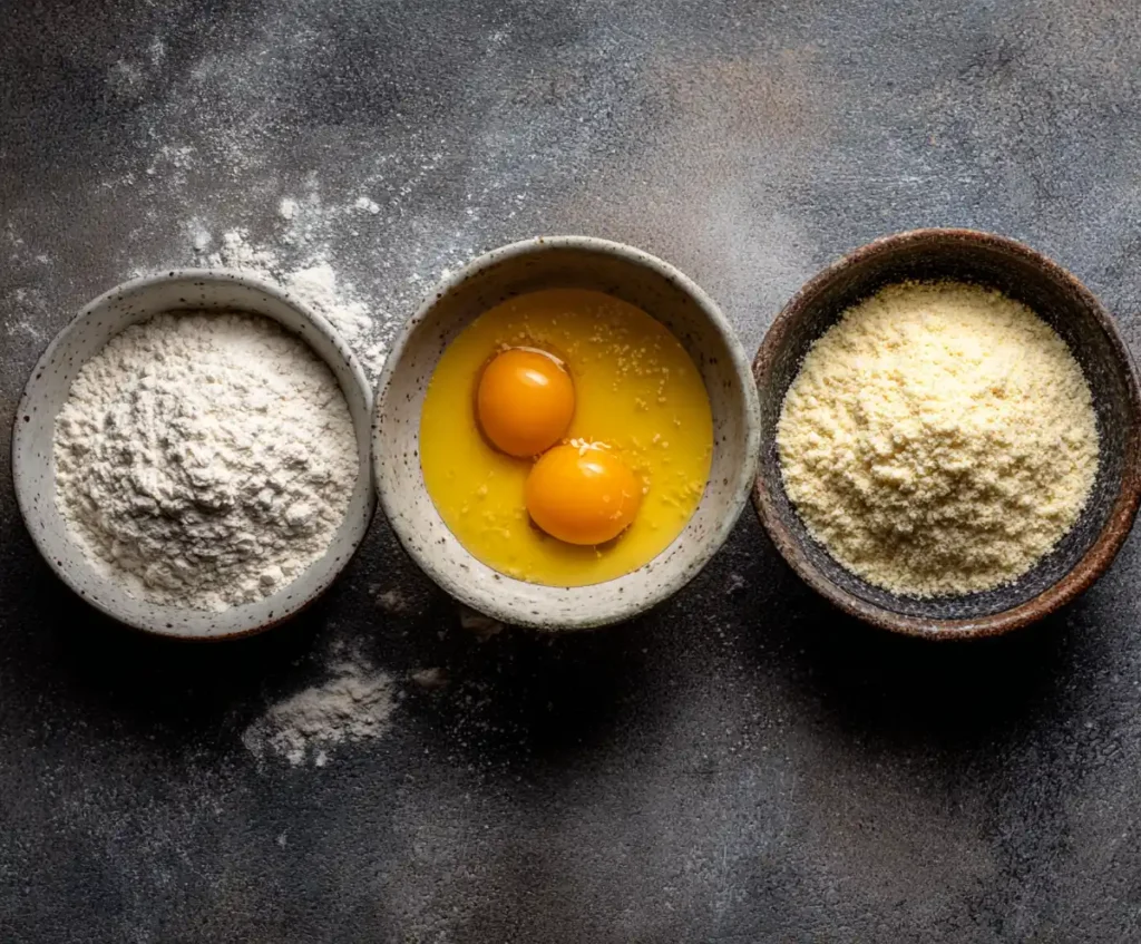 Flour, egg, and breadcrumb bowls prepared for eggplant breading