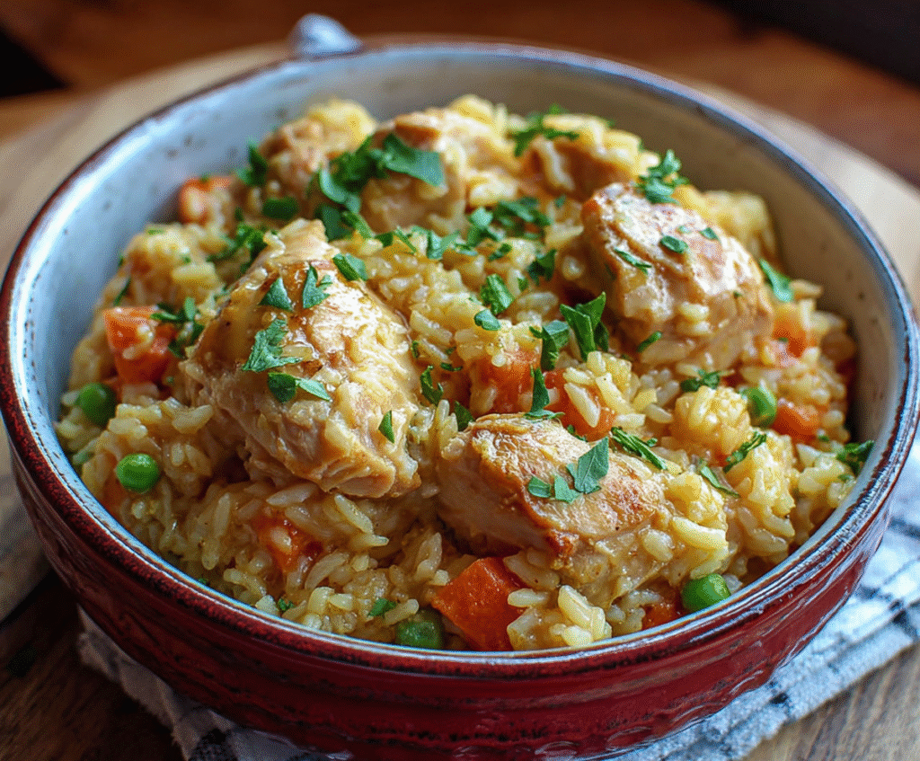 Fluffed slow cooker chicken and rice with peas and tender chicken