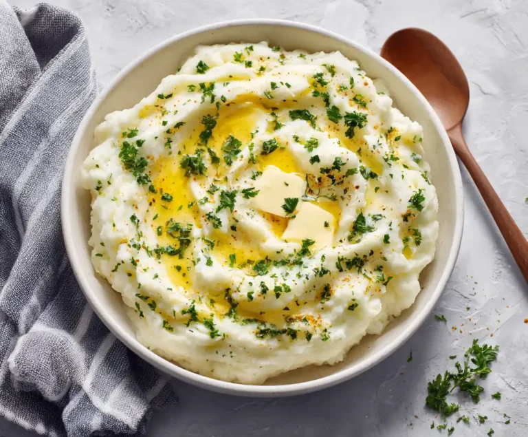Fluffy pressure cooker mashed potatoes with butter and parsley garnish