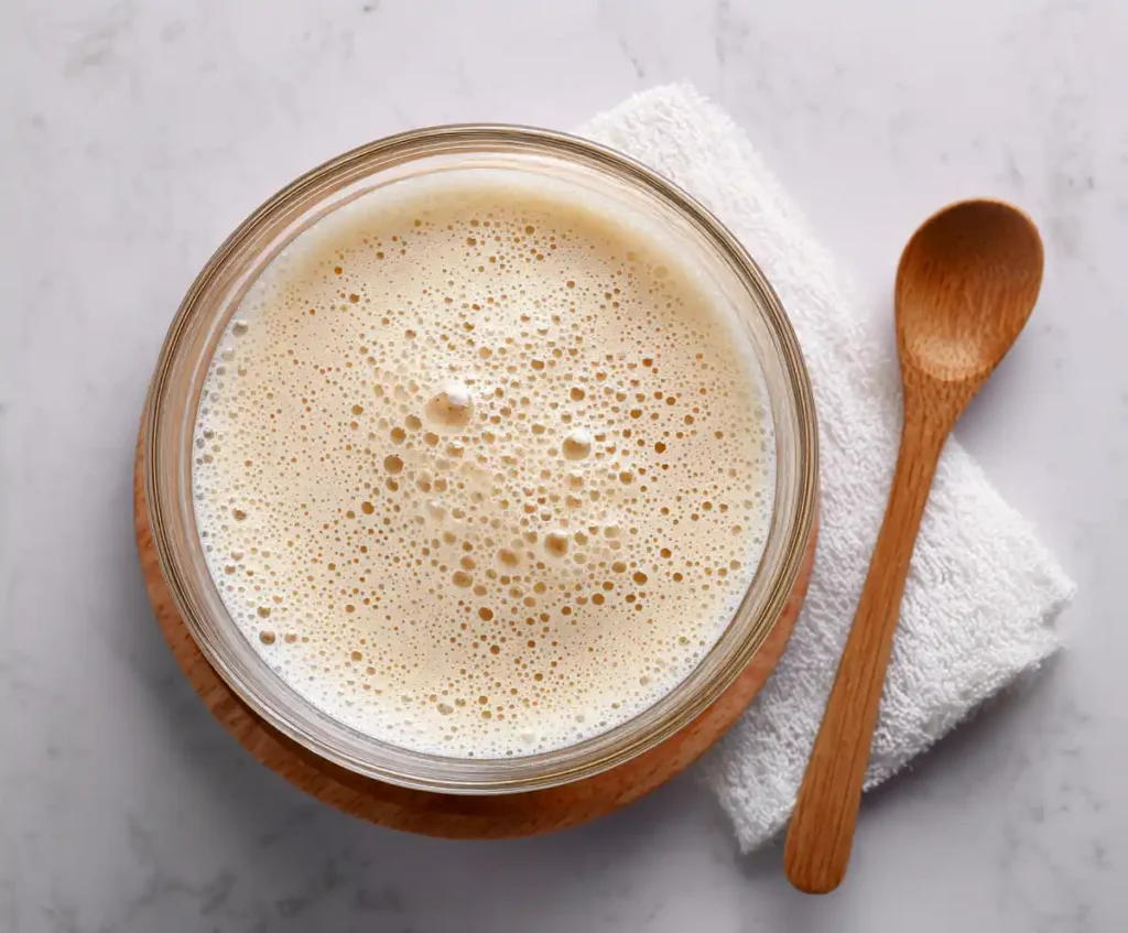 Foamy yeast mixture in bowl for homemade air fryer donut dough