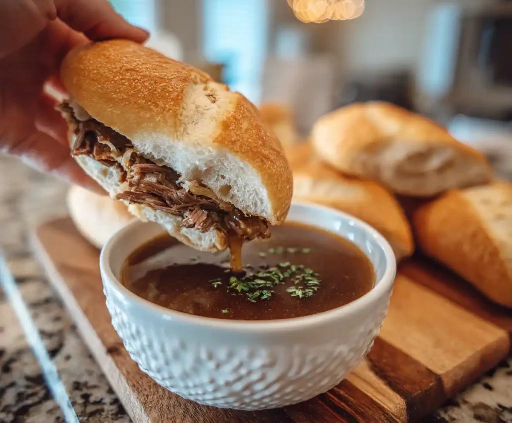 French dip sandwich being dipped in au jus