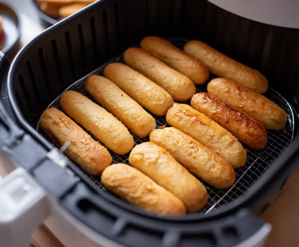 French toast sticks arranged in air fryer basket before cooking