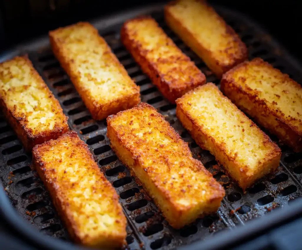 French toast sticks cooking and crisping in air fryer