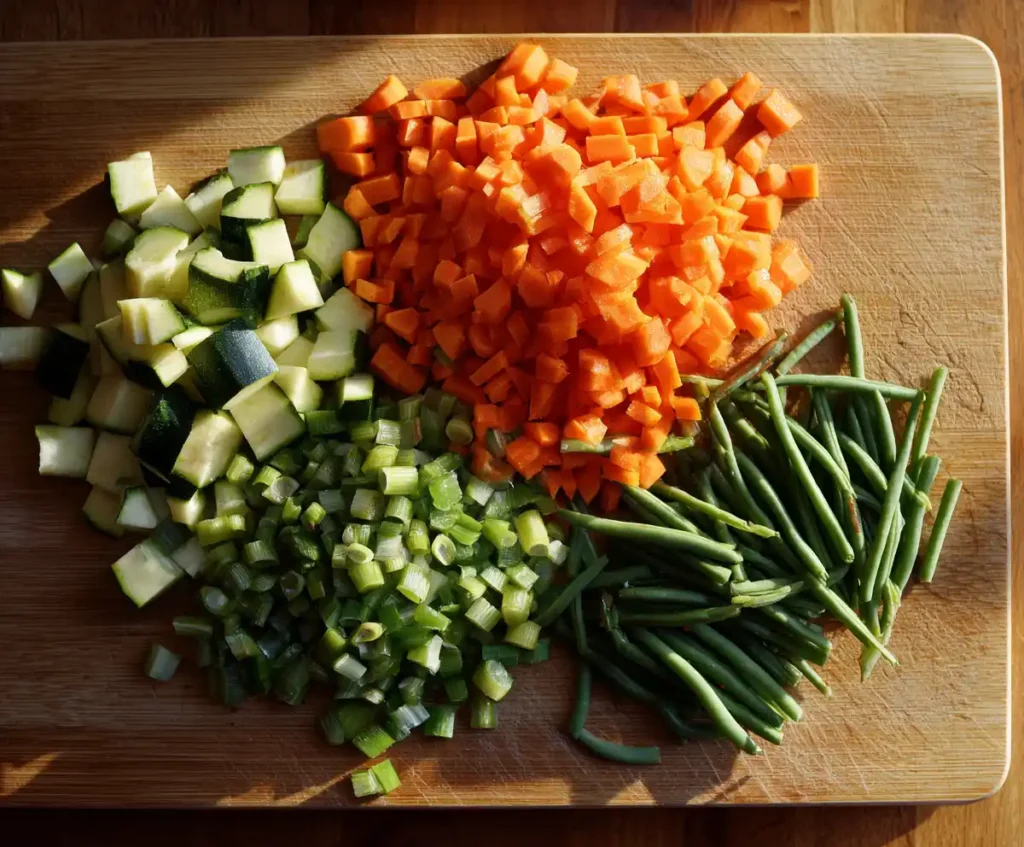 Fresh chopped carrots, celery, zucchini, and green beans prepped for slow cooker minestrone