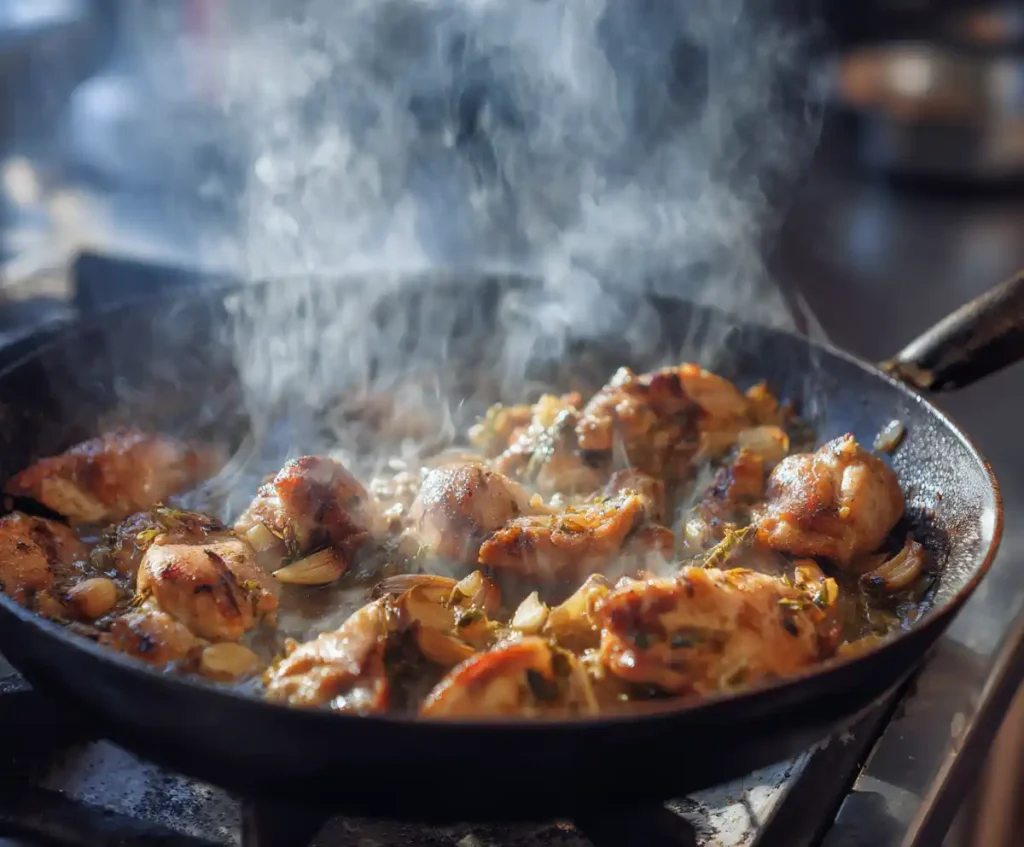 Garlic and cherry tomatoes cooking with chicken for pesto pasta