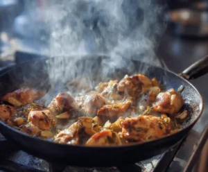 Garlic and cherry tomatoes cooking with chicken for pesto pasta