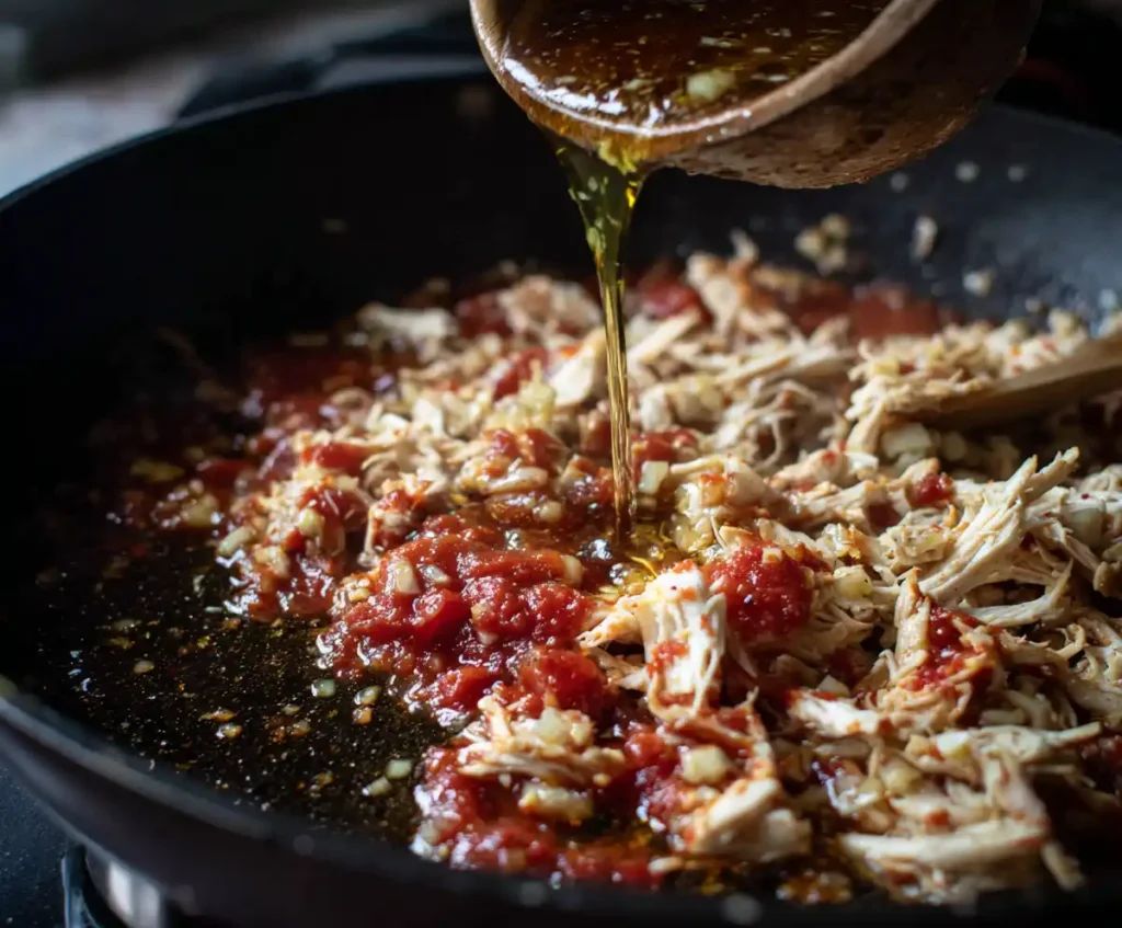 Garlic, chicken, and marinara simmering in skillet for pasta bake sauce
