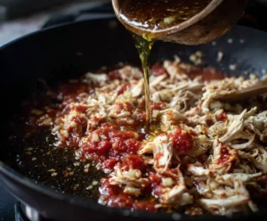 Garlic, chicken, and marinara simmering in skillet for pasta bake sauce