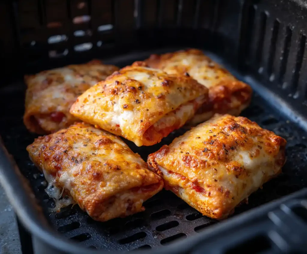 Golden brown air fryer pizza rolls with melted cheese