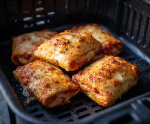 Golden brown air fryer pizza rolls with melted cheese