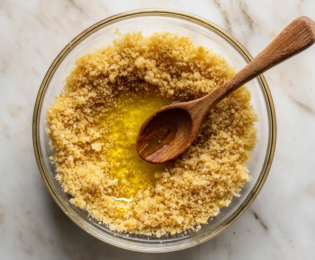 Graham cracker crumbs and butter mixed for Instant Pot cheesecake crust
