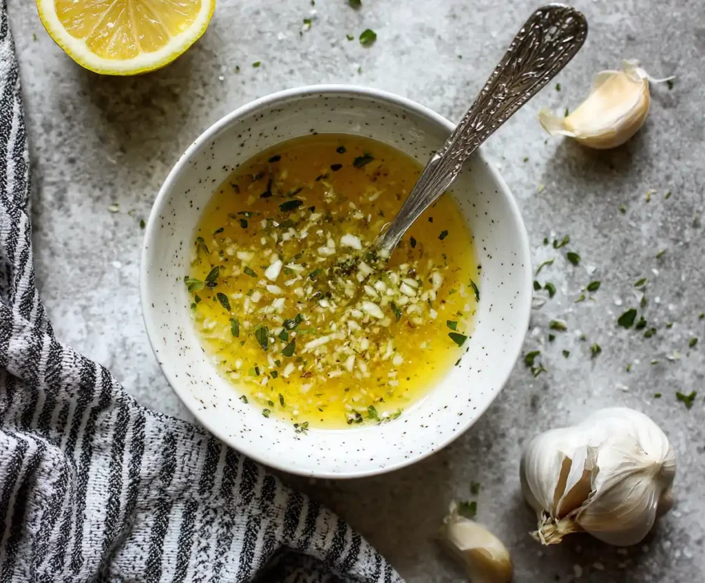 Greek dressing with olive oil, lemon, oregano, and garlic in a bowl
