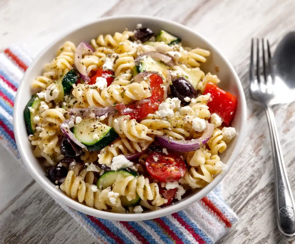 Greek pasta salad with feta, olives, and veggies tossed in dressing