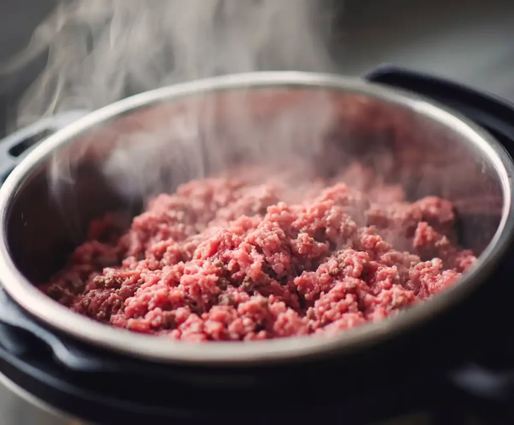 Ground beef cooking in Instant Pot for spaghetti recipe