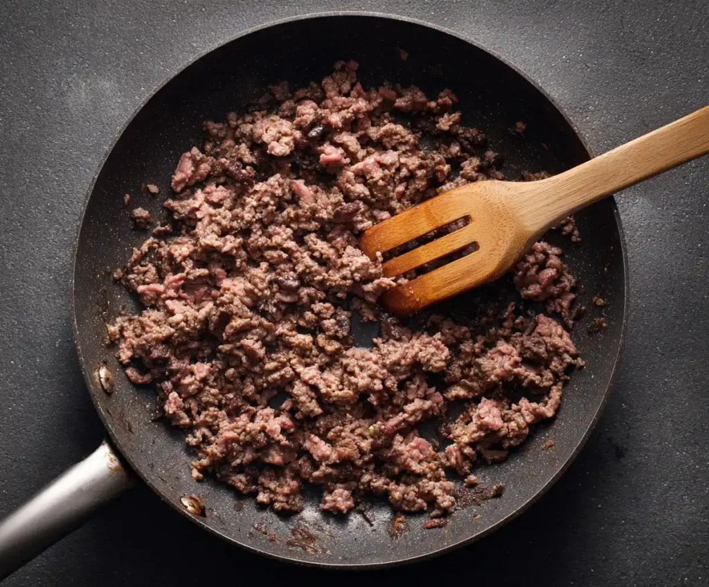 Ground beef cooking in skillet for Bolognese sauce