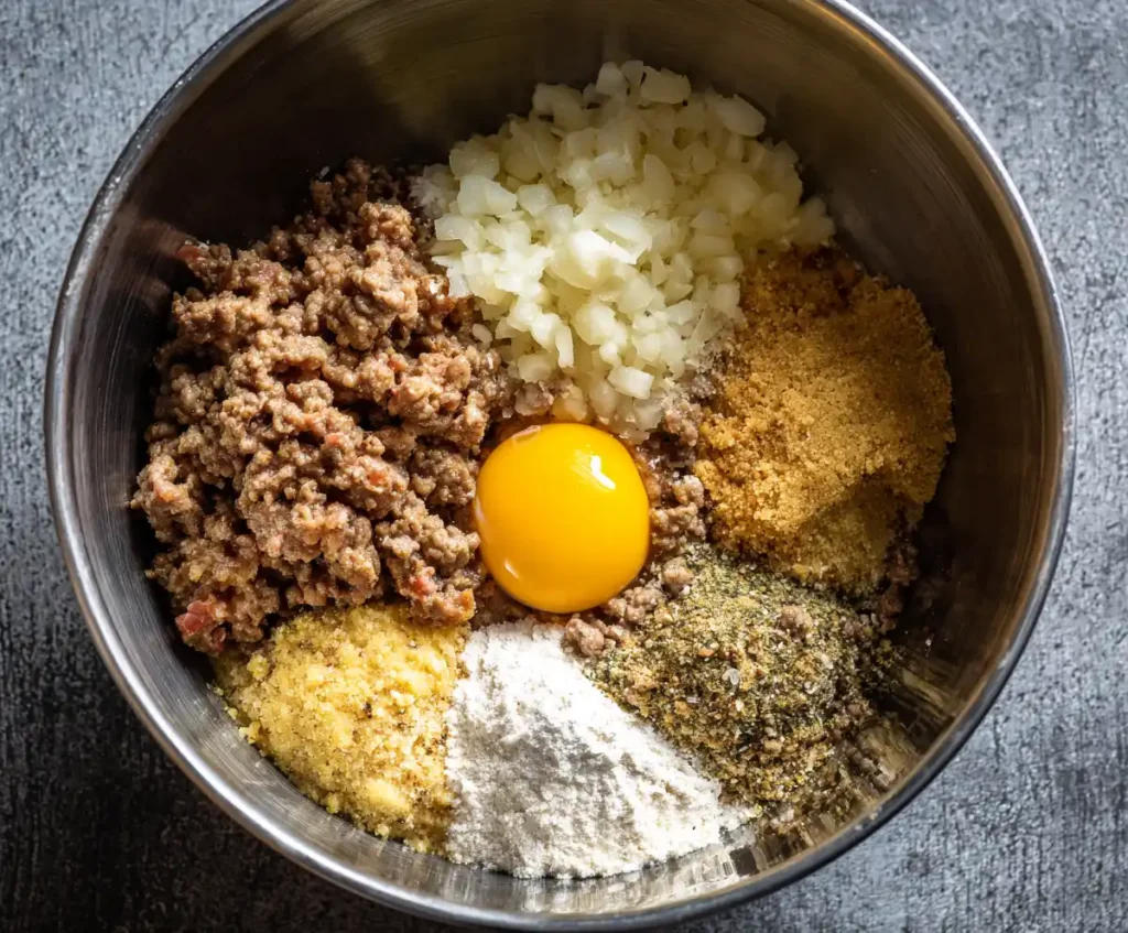 Ground beef mixture with breadcrumbs, egg, garlic, and parmesan for slow cooker meatballs