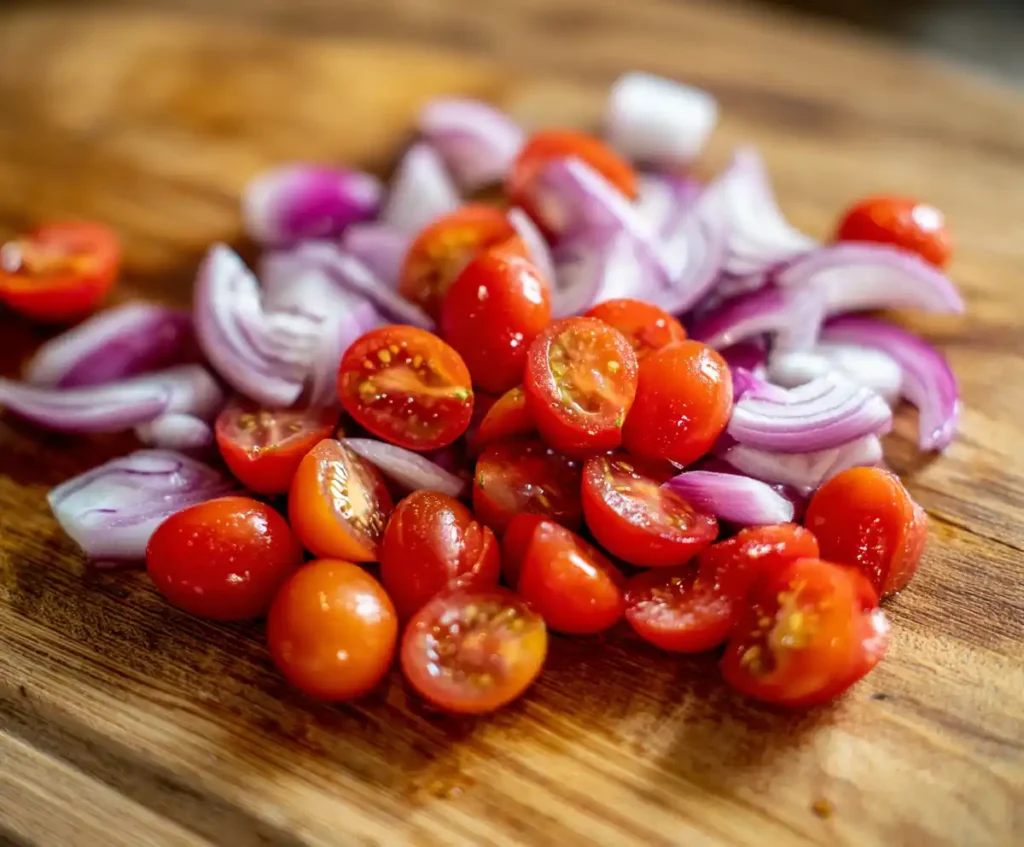 Halved cherry tomatoes and sliced red onions for pasta salad