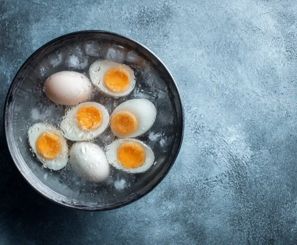 Hard-boiled eggs cooling in ice water bath