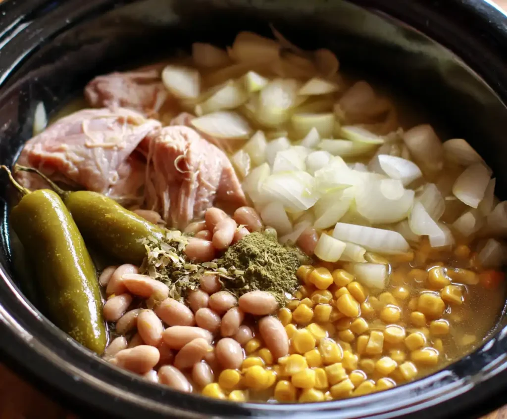 Ingredients for white chicken chili layered in slow cooker