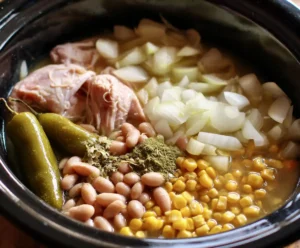 Ingredients for white chicken chili layered in slow cooker