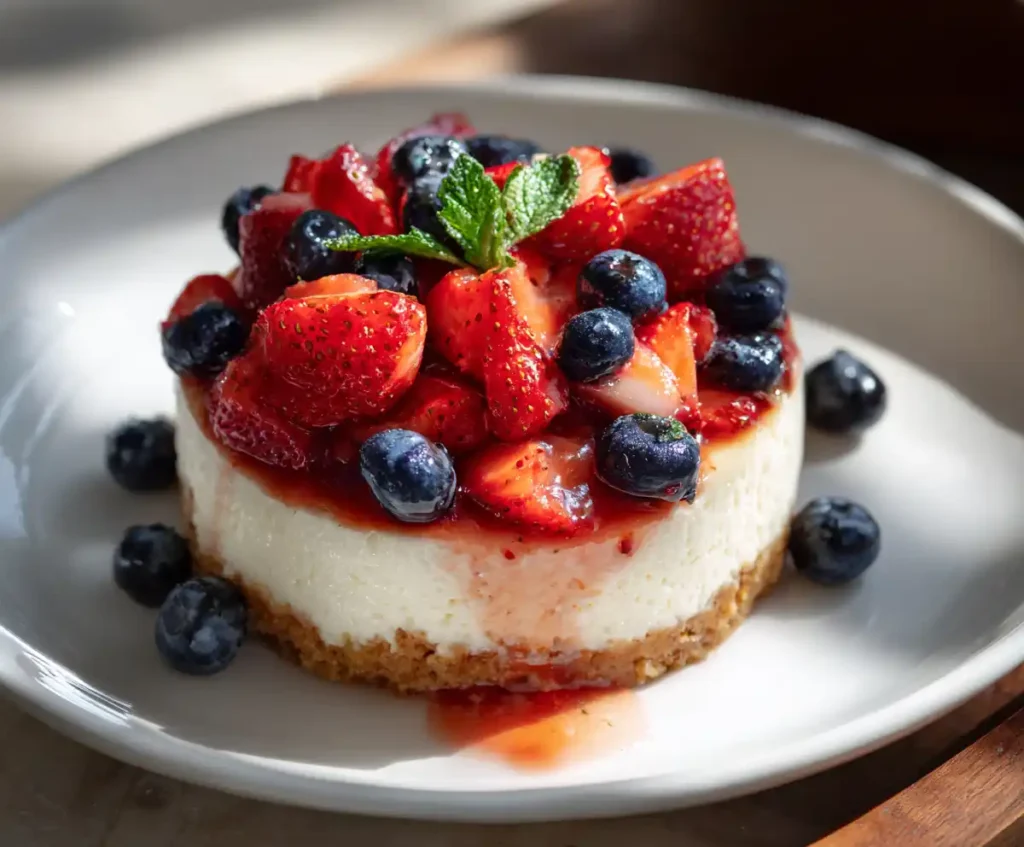 Instant Pot cheesecake chilled and topped with berries